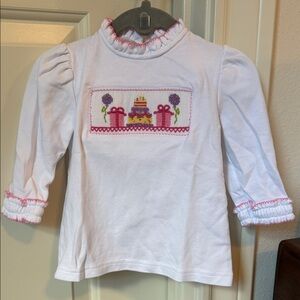 Smocked Birthday Long Sleeve Shirt with Pink Embroidery and Ruffle